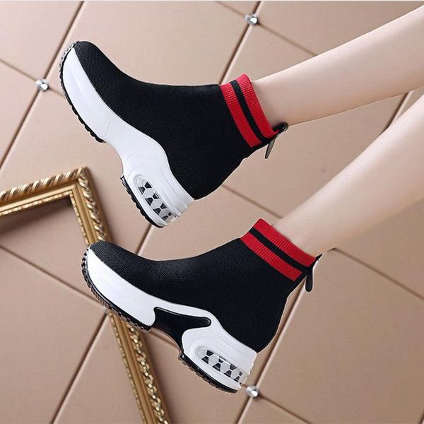 

boots women socks height increasing high ladies female shoes footwear slip-on platform thick fashion short snow, Black