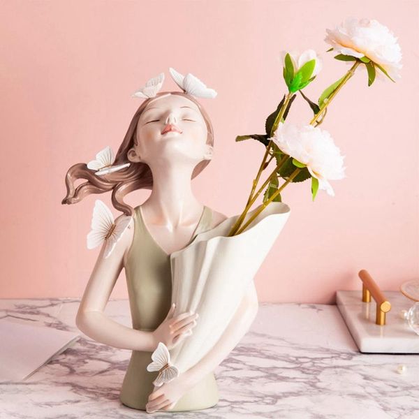 

vases butterfly girl resin sculpture character model, holding vase statue, creative