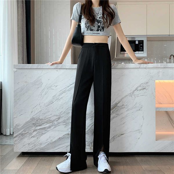 

2021 summer split wide leg pants women's thin loose high waist casual show, Black;white