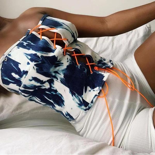 

women's t-shirt vavcy 2021 summer white blue matching front drawstring off the shoulder women