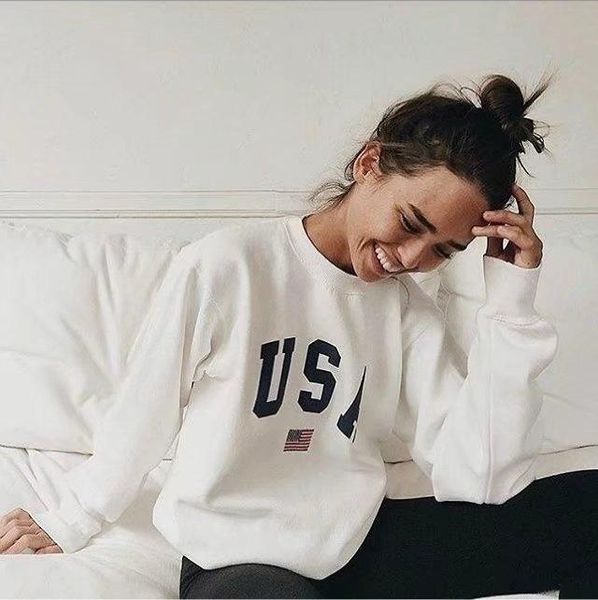 

women's hoodies & sweatshirts autumn and winter wear us flag usa print large loose round neck long sleeve sweater women, Black