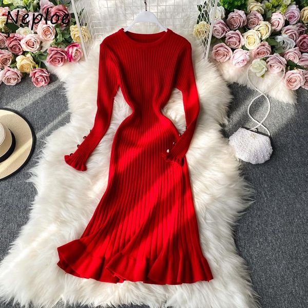 

casual dresses neploe solid color gentle style dress women crewneck sweater slim vestido de mujer 2021 ruffled knitted bottoming robe femme, Black;gray