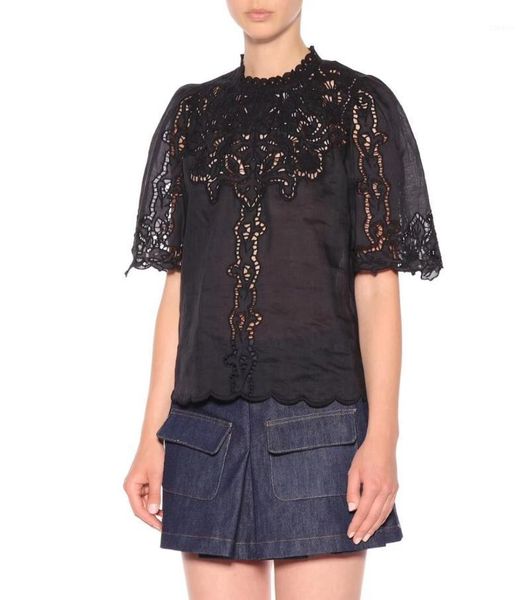 

women's blouses & shirts black white floral embroidered ramie linen short sleeved button back blouse woman