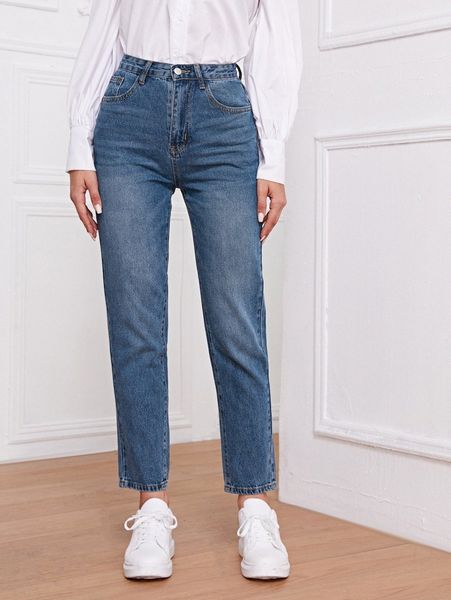 

high-waisted zip fly straight jeans x4hy#, Blue