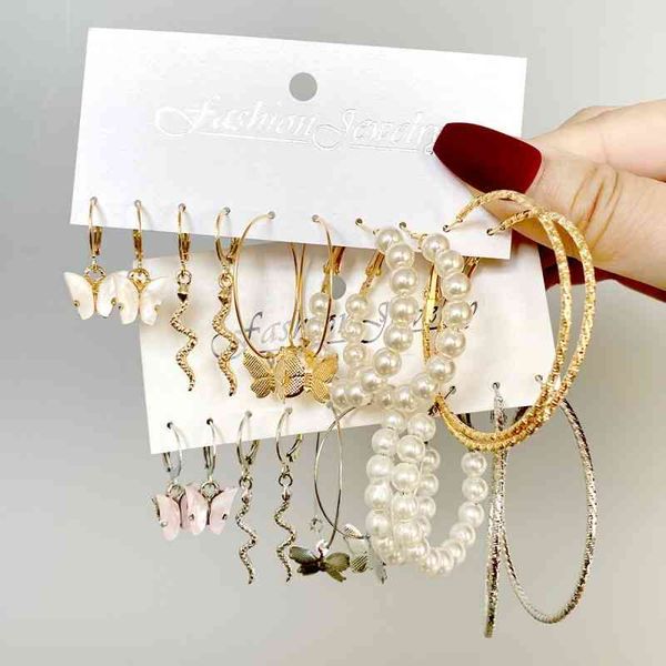 

vintage gold silver butterfly hoop earrings set fashion snake pearl for women girls brincos 2022 trendy party jewelry, Golden;silver