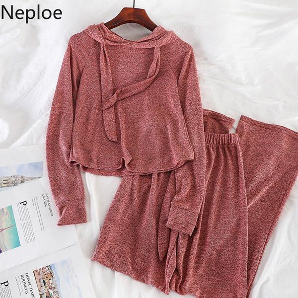 

neploe korean causal two pieces suits hooded short long sleeve t shirts + lace up stretch waist wide leg pants sets 4b975 piece dress, White