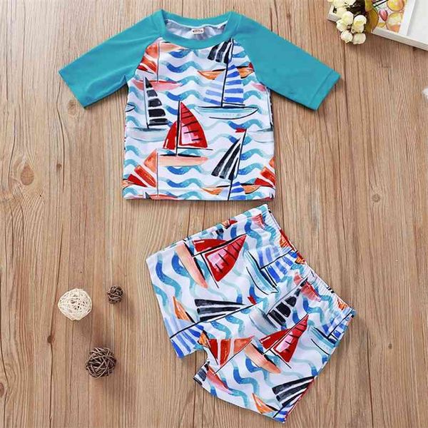 

summer children sets casual long sleeve print beach sailboat t-shirt style shorts cute 2pcs girls clothes 1-5t 210629, White