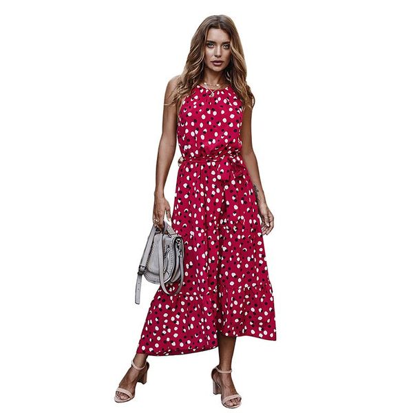 

maxi summer dress for women dot printed high waist elegant female casual dresses spaghetti strap a line with sashes veistdo, Black;gray