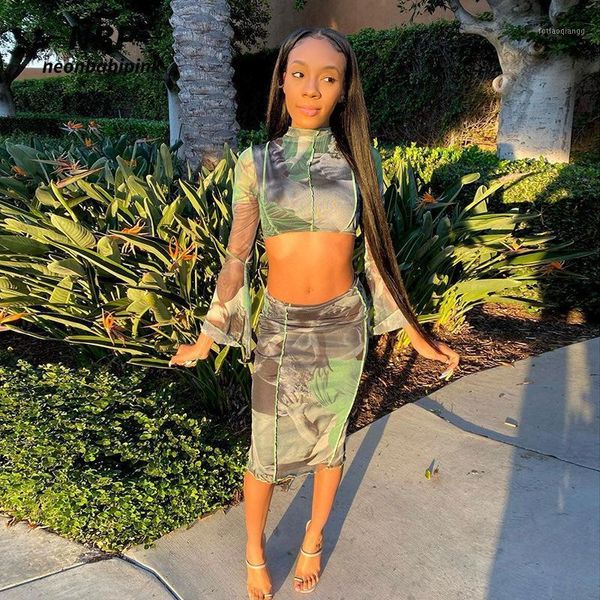 

vintage print sheer mesh two piece sets flare sleeve crop and skirt matching club dress n96-cf14 women's tracksuits, Gray