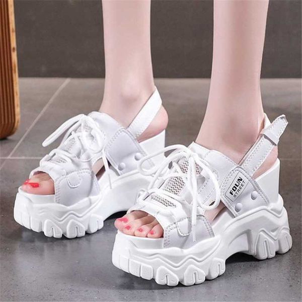 

sandals 2021 summer fashion women 11cm wedge super high heel chunky black white breathable hollow mesh platform ladies shoes