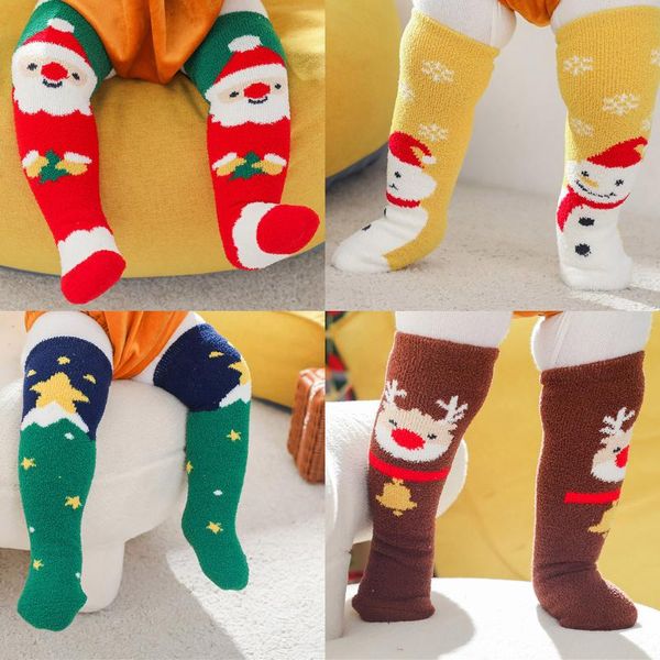 

socks 1 pair kids baby girls boys christmas fleece warm sleep long knee children snowflake elk santa claus gift, Pink;yellow