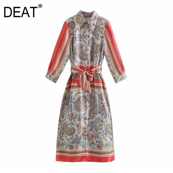 

[deat] fashion spring autumn single-breasted turn-down collar high waist knee-length printing dress women 13c358 210527, Black;gray