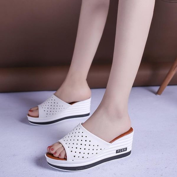 

casual slippers women summer leather surface word drag slope with women's sandals fashion wild thick house shoes flip flops, Black