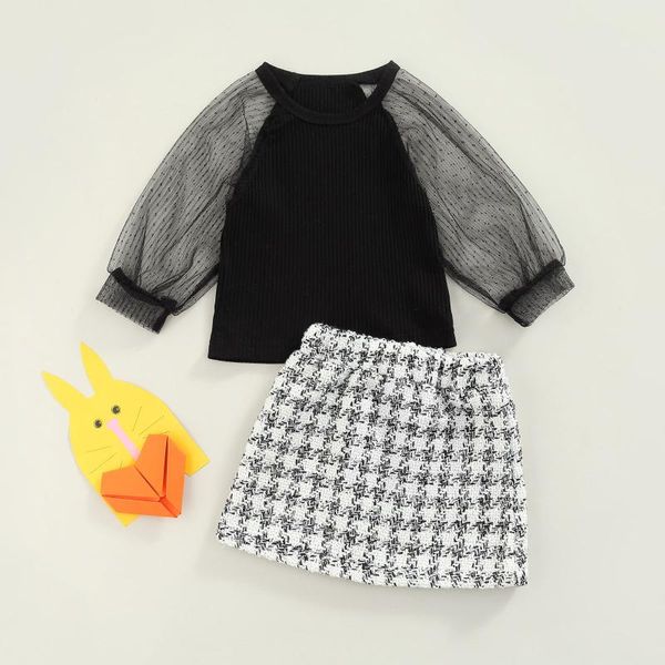 

clothing sets spring autumn kids girl clothes set long sleeve round neck see-through mesh high waist half skirts children's, White