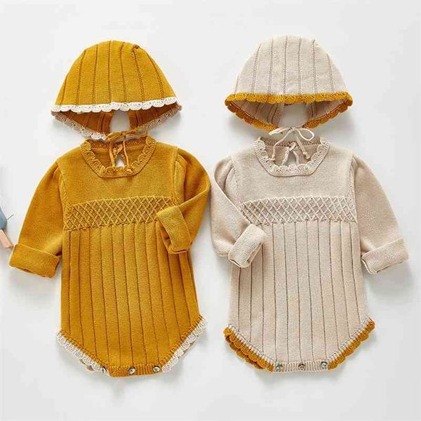 

spring baby girl rompers long sleeves knit pure color and hat autumn born clothes 210521, Blue