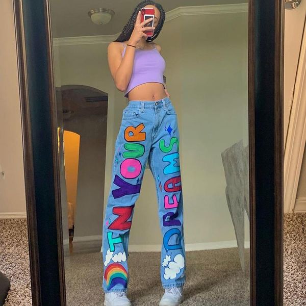 

graphics letter printed baggy women jeans pants high waist wide leg punk cute hip gothic demin fashion streetwear women's & capris, Black;white