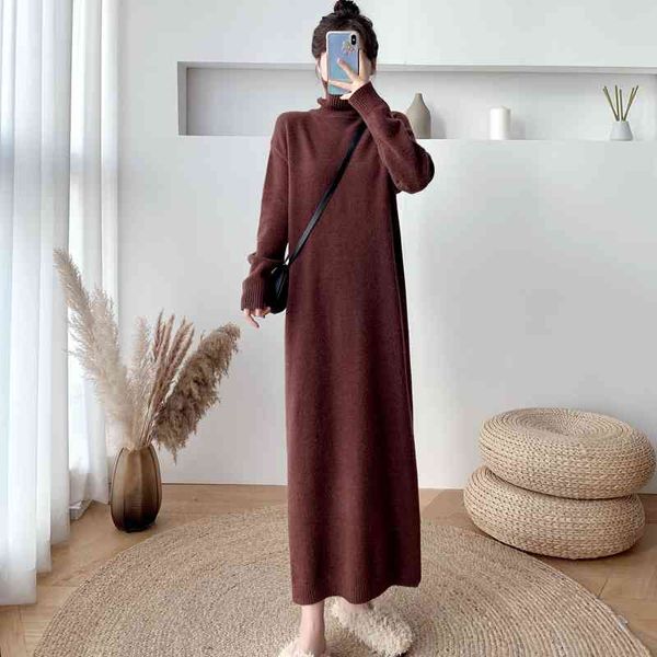

autumn and winter long over-the-knee knitted dress loose turtleneck sweater skirt for women 210514, White;black
