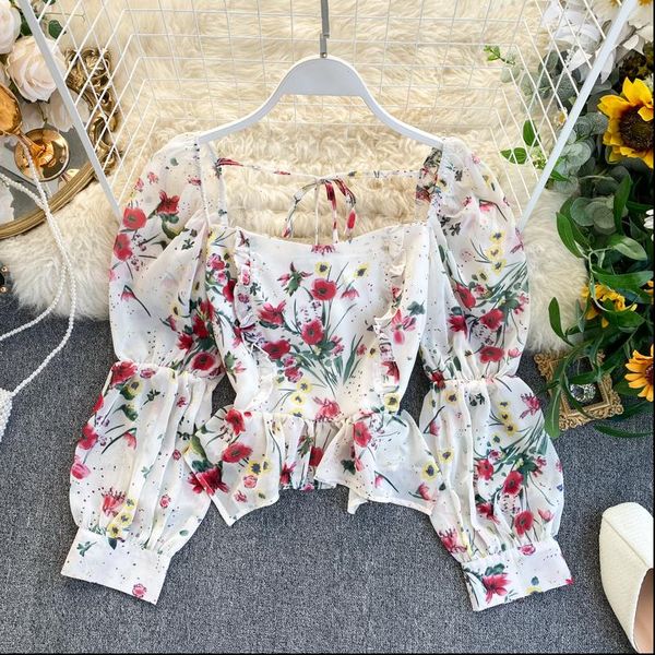 

womens women shirt blouses and french style floral print square neck designer irregular ruffle elastic chiffon tie, White