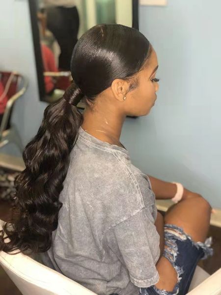 

long wand curls weave ponytail human hair extension wraps drawstring black wavy ponytails hairpiece low pony 140g