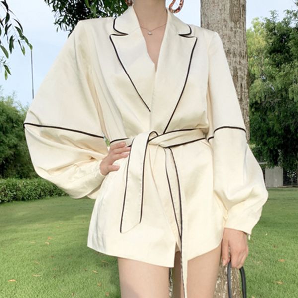 

women's jackets [ewq] korea chic autumn casual trend women v-neck hit color edging fashion loose tie long-sleeved blouse coat 16w1711 j, Black;brown
