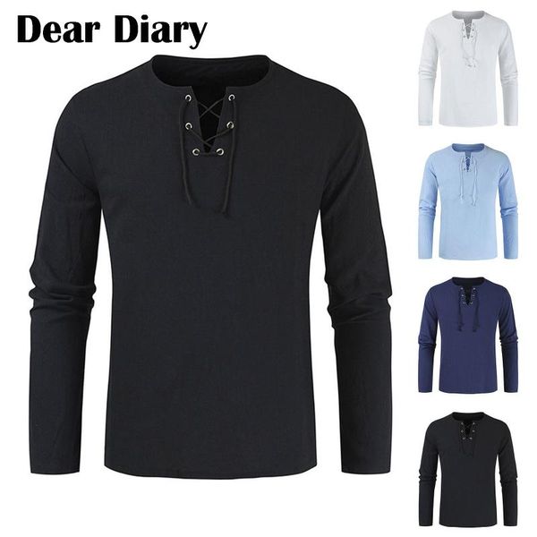 

men's t-shirts autumn winter vintage pullover t-shirt solid color loose rope tie collar long-sleeved shirt sweatshirt drop, White;black
