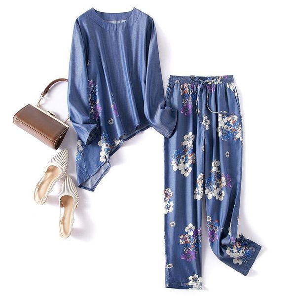 

arrival soft loose tencel denim suit clothing long sleeve o neck irregular shirt harem pant 2 pieces set woman women's two piece pants, White