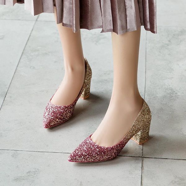 

dress shoes wedding pointed toe high heels women sequined square heel pumps fashion thick ladies party 2021, Black