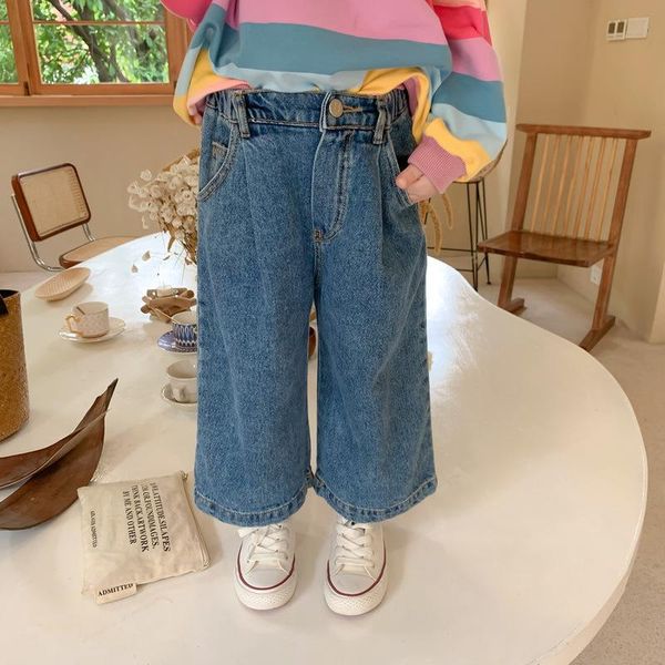 

jeans autumn children fashion solid color loose denim pants boys girls all-match casual ultra-wide-leg trousers, Blue