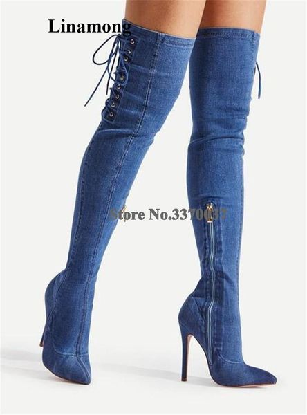 

boots est women pointed toe over knee stiletto heel denim gladiator side lace-up slim style long high heels, Black