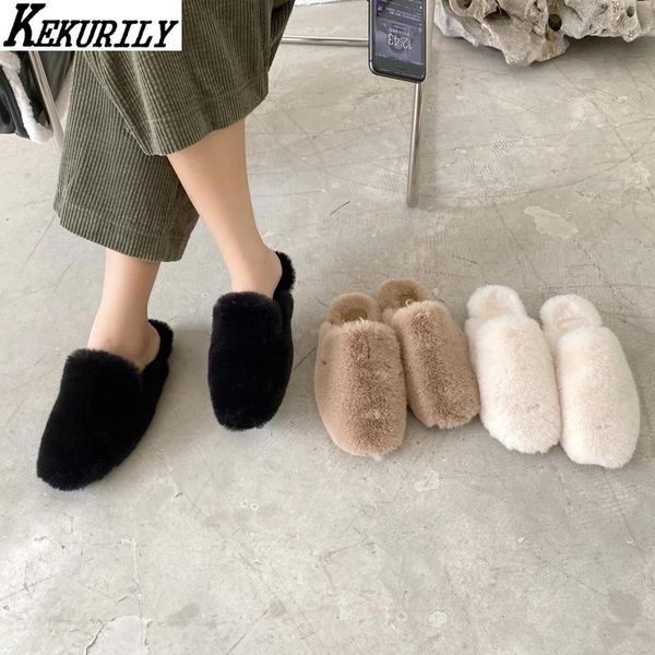 

fur slippers women low heels mules autumn winter closed toe shoes shallow furry slides casual loafers zapatos de mujer, Black
