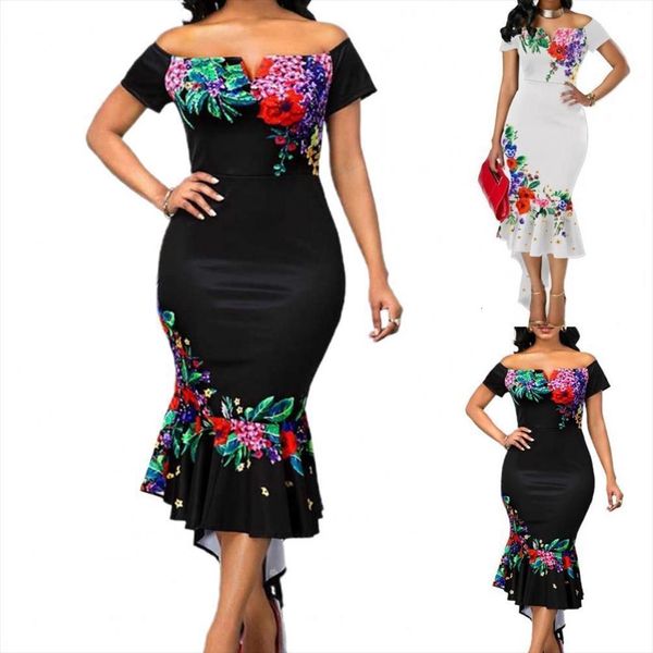 

summer short sleeve floral women dress print off shoulder bodycon for party elegant female plus size 2xl, Black;gray
