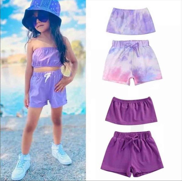 

summer kids girls tie dye clothes set high sleeveless cropped short pants, White