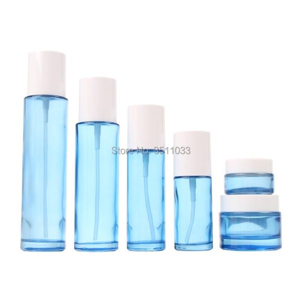 

storage bottles & jars blue glass empty lotion pump bottle 30ml 40ml 60ml 100ml cosmetic liquid spray 20g 30g 50g cream jar white cap lid