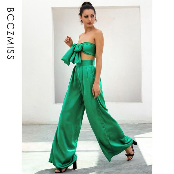 

women's tracksuits bcczmiss emerald flared pants sets women changeable straps casual two pieces sleeveless high waist party lady bow de, Gray