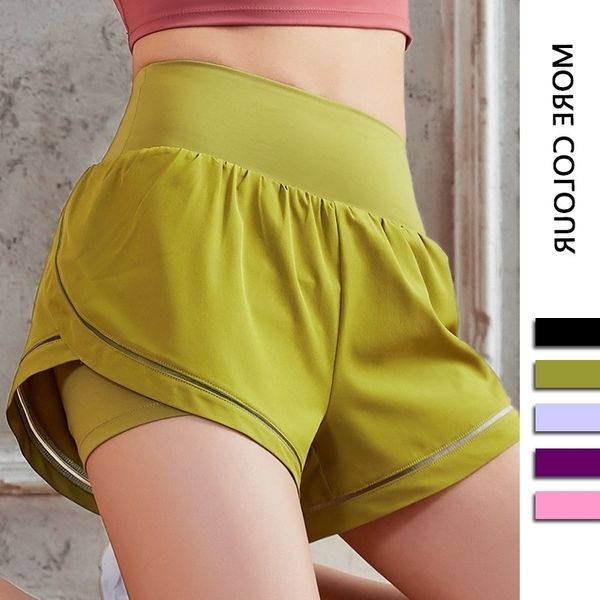 

4 inseam loose sports yoga shorts anti-exposure quick-drying woven fake two-piece short fitness gym clothes women, White;black