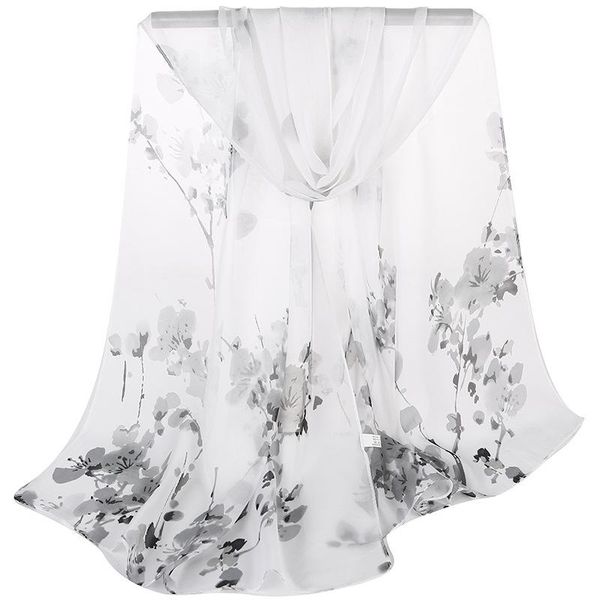 

scarves refreshing and elegant small floral female ink chiffon thin soft long silk scarf 5 colors available muslim 47*155cm, Blue;gray