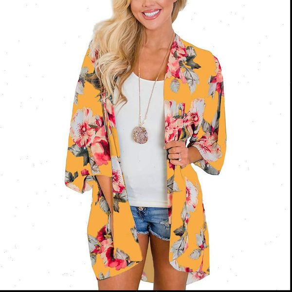 

chiffon kimono cardigan floral womens blouses printed long sleeve summer autumn beach cover boho loose ladies shirts, White