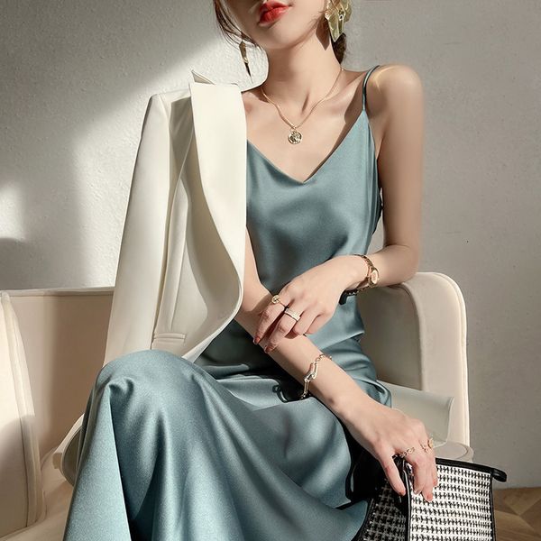 

casual drs drawstring drawstring drs for women in spring and summer with base suit temperament french acetate satin long skirt, Black;gray