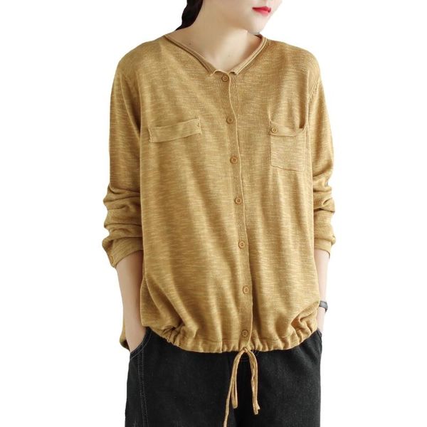 

knitting blouse spring women casual loose retro v-neck button drawstring shirt women's blouses & shirts, White