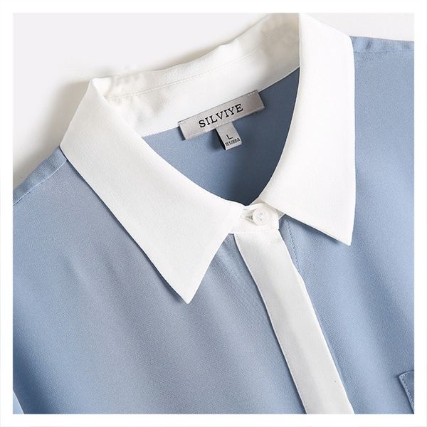 

blouses color matching crepe de chine real long sleeve women high end mulberry silk shirt versatile fashion style, White