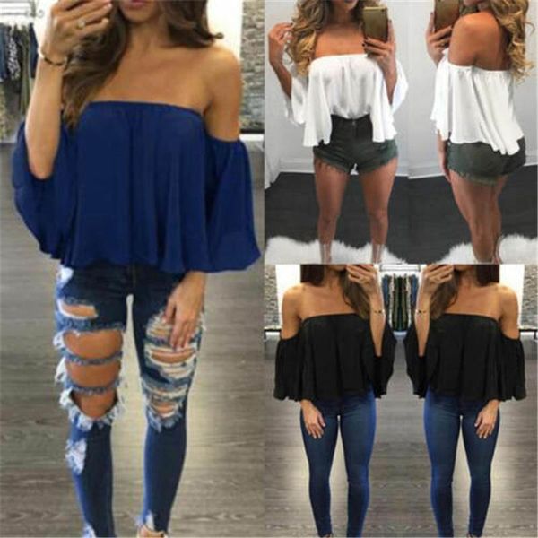 

women's blouses & shirts women casual boho off shoulder shirt summer crop chiffon trumpet sleeves female harajuku elegant blouse, White