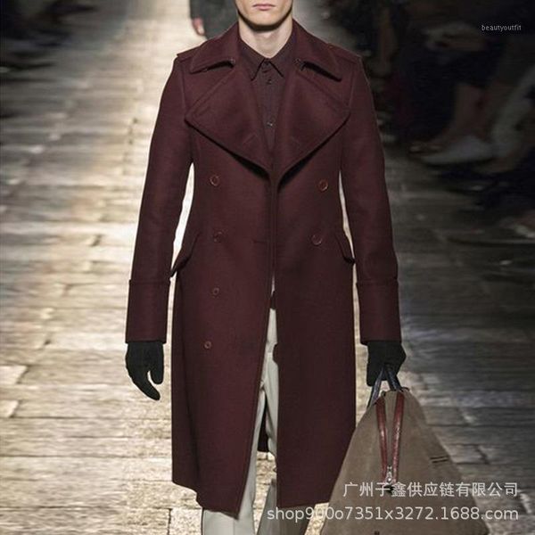 

men's trench coats woolen windbreaker coat solid lapel collar double breasted jacket slim fit windbreak long outwear men winter, Tan;black