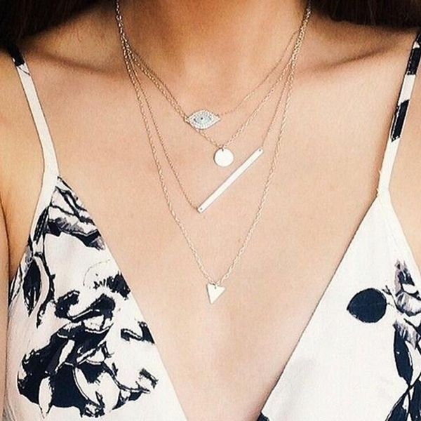 

4pcs/set women necklaces set simple eye round piece strip triangle clavicle chain gold necklace charm party female jewelry chokers, Golden;silver