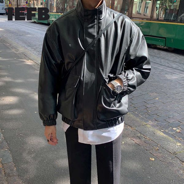 

iefb autumn korean fashion loose pu leather men's motorcycle suit pilot jacket zipper stand collar short coat black 9y5266 211009