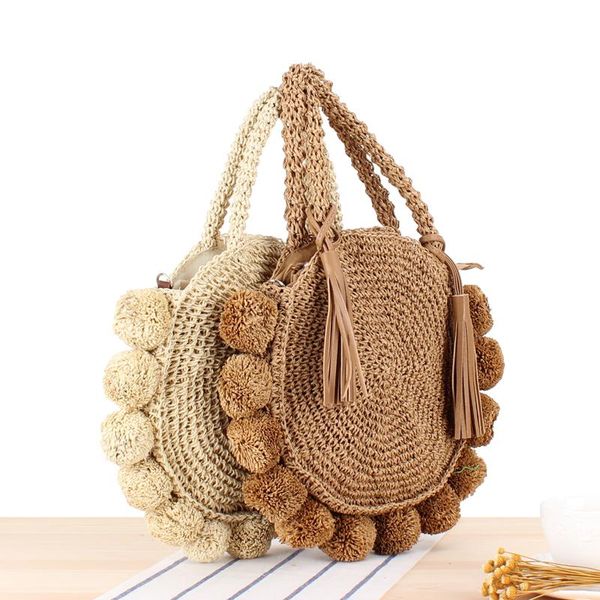 

evening bags fashion round straw bohemian tassel rattan women handbags woven crossbody shoulder designer ball summer beach purse