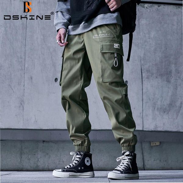 

men's pants men spring waist drawstring high street boy overalls 2021 autumn printed leisure streetwear tie feet elastic, Black