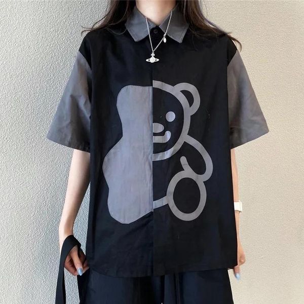 

retro hong kong style cute girls bear cartoon short-sleeved gray shirt women's black kawaii summer korean loose t-shirt, White