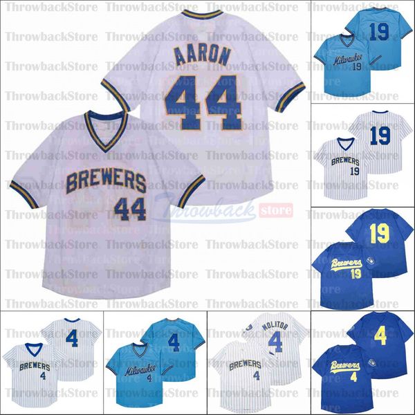 

retro baseball 1982 home jersey 4 molitor 44 aaron blue white lightblue jerseys, Blue;black