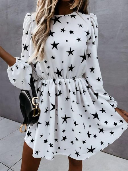 

casual dresses dress for women star print a-line 2021 autumn shrinkage o-neck long sleeve elastic waist mini, Black;gray