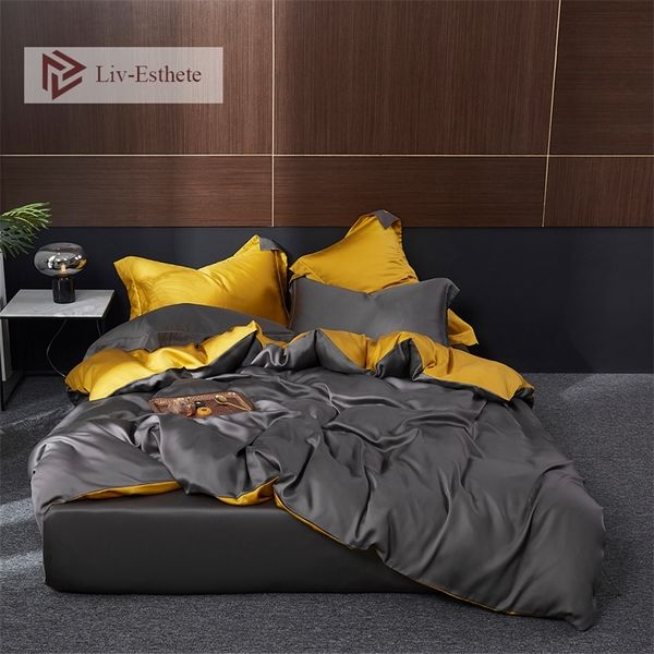 Liv-Esthete Set biancheria da letto da uomo in seta 100% di lusso Copripiumino di bellezza sana Lenzuolo con angoli Federa Set letto matrimoniale king size 210319